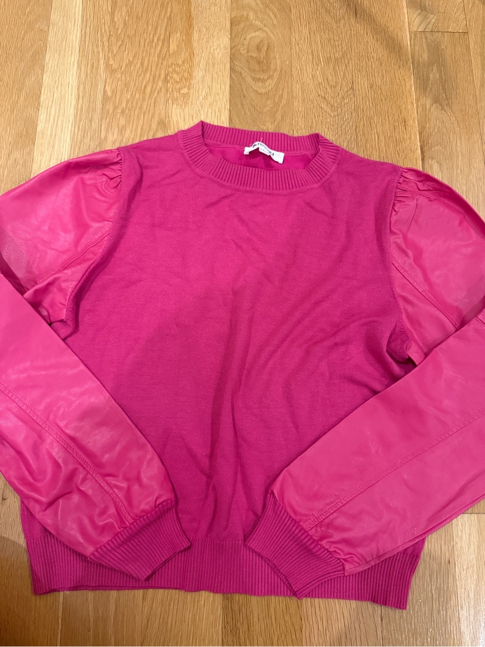 & Merci Bright Faux Leather Pink Puff-Sleeve Crewneck Sweater